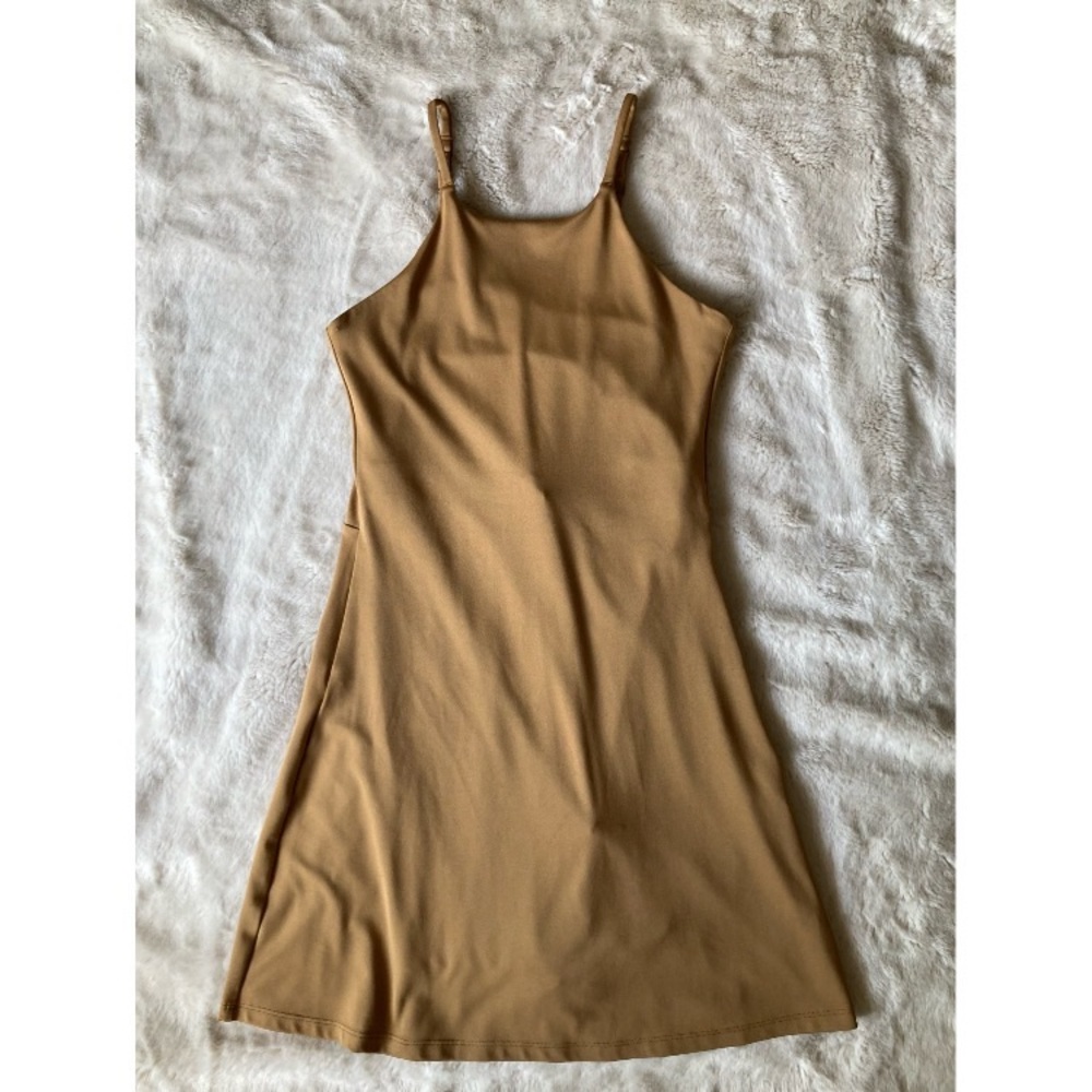 girlfriend collective tan mini slip dress